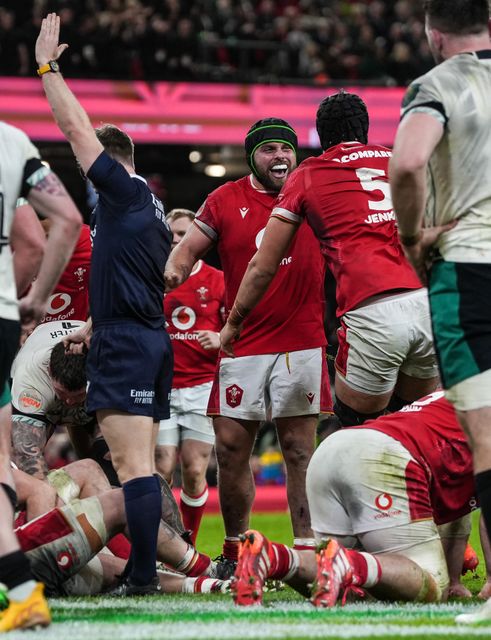 Nicky Smith and Dafydd Jenkins of Wales celebrate Jac Morganâ€™s try during the 2025 Guinness 6 Nations match Wales vs Ireland at Principality Stadium, Cardiff, United Kingdom, 22nd February 2025

(Photo by Andrew Lewis/News Images)