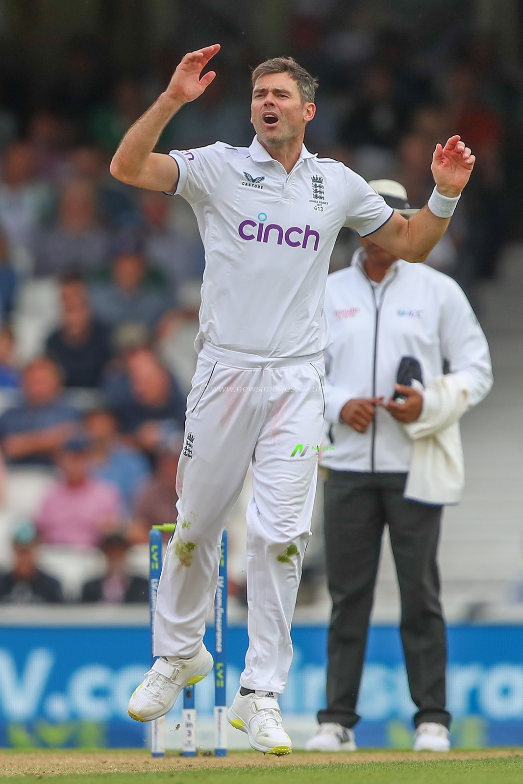 James Anderson of England reacts during the LV= Insurance Ashes Fifth Test Series Day Two England v Australia at The Kia Oval, London, United Kingdom, 28th July 2023

(Photo by Gareth Evans/News Images)