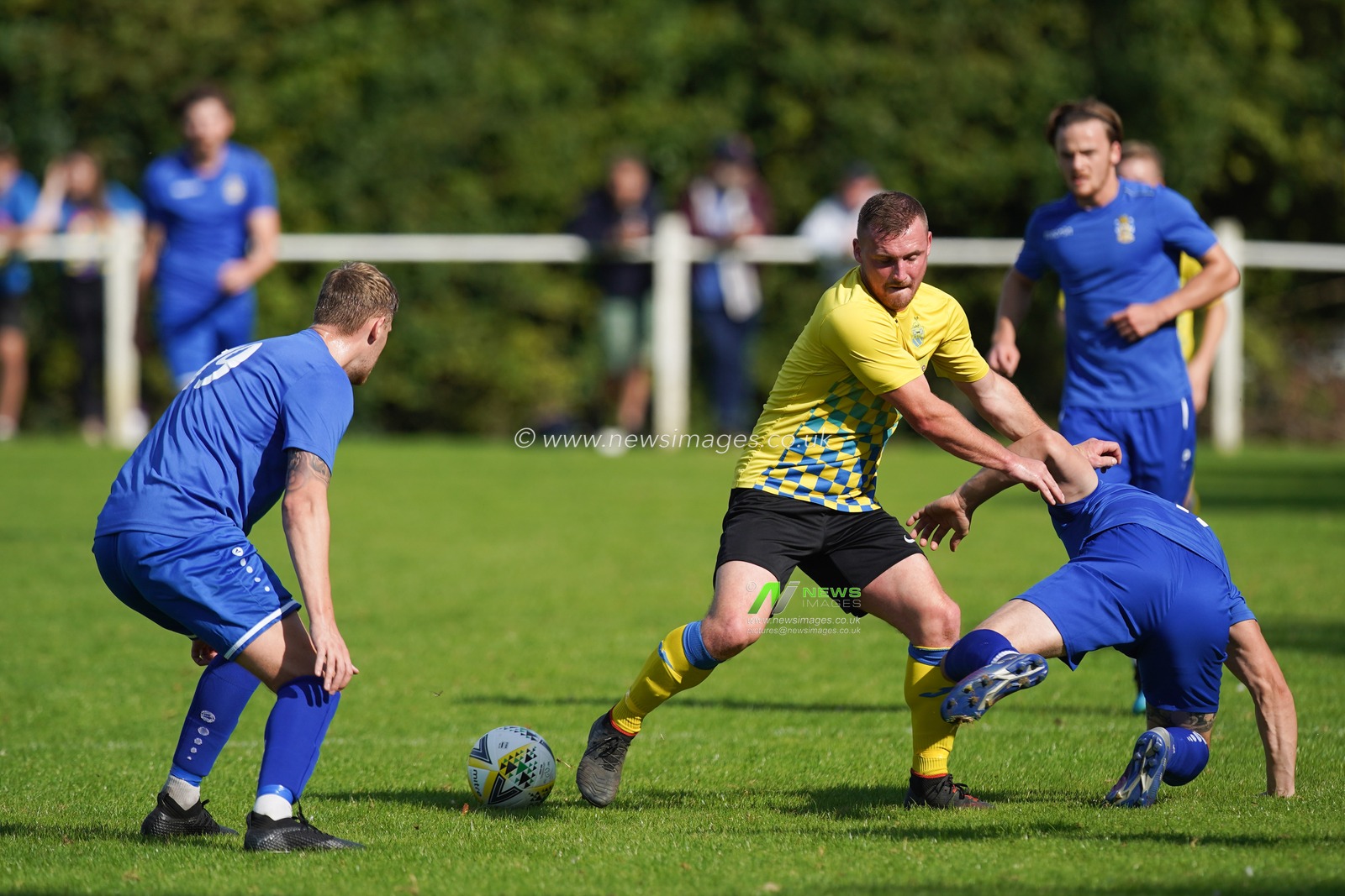 Harvey Scott Harpenden Town FC battles with Steve Sheehan Aveley. Aveley beat Harpenden Town FC 3:0