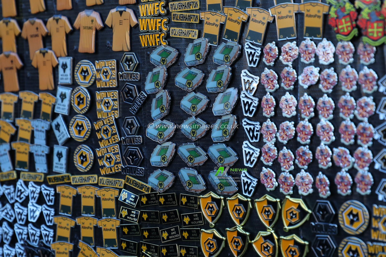 A stall selling pin badges outside of the stadium ahead of the Premier League match Wolverhampton Wanderers vs Tottenham Hotspur at Molineux, Wolverhampton, United Kingdom, 11th November 2023

(Photo by Gareth Evans/News Images)