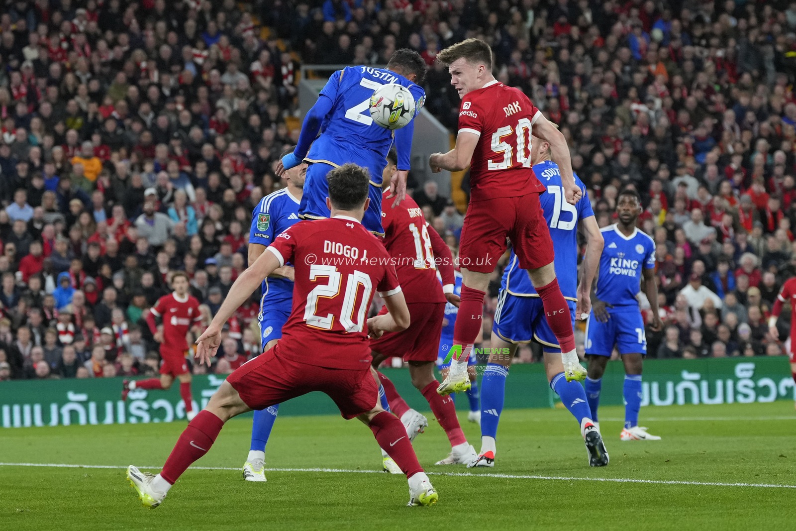 Ben Doak #50 of Liverpool wins a header in the Leicester City box during the Carabao Cup Third Round match Liverpool vs Leicester City at Anfield, Liverpool, United Kingdom, 27th September 2023

(Photo by Steve Flynn/News Images)