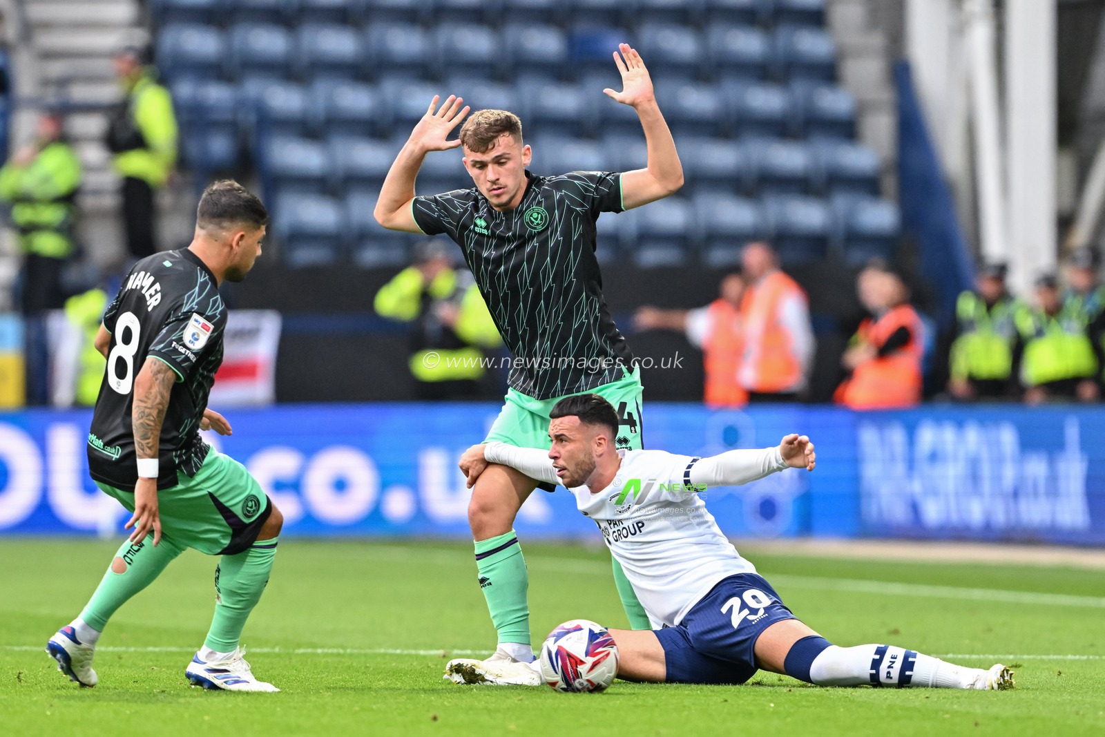 Harrison Burrows of Sheffield United protests his innocence to a foul on Sam Greenwood of Preston North End during the Sky Bet Championship match Preston North End vs Sheffield United at Deepdale, Preston, United Kingdom, 9th August 2024

(Photo by Cody Froggatt/News Images)