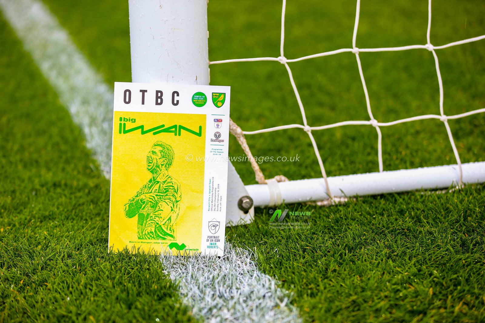 10th February 2019, Carrow Road, Norfolk, England; Sky Bet Championship, Norwich City vs Ipswich Town ;  The match day programme rests against the goal posts at Carrow Road ahead of the derby.

Credit: Georgie Kerr/News Images

English Football League images are subject to DataCo Licence