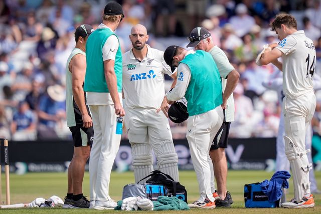 Daryl Mitchell of New Zealand receives treatment after being struck on the helmet with a bumper from Gus Atkinson of England during the 3rd Rothesay Test Match Day 4 match England vs New Zealand at Trent Bridge, Nottingham, United Kingdom on 28 June 2026

(Photo by Maynard Manyowa/News Images)