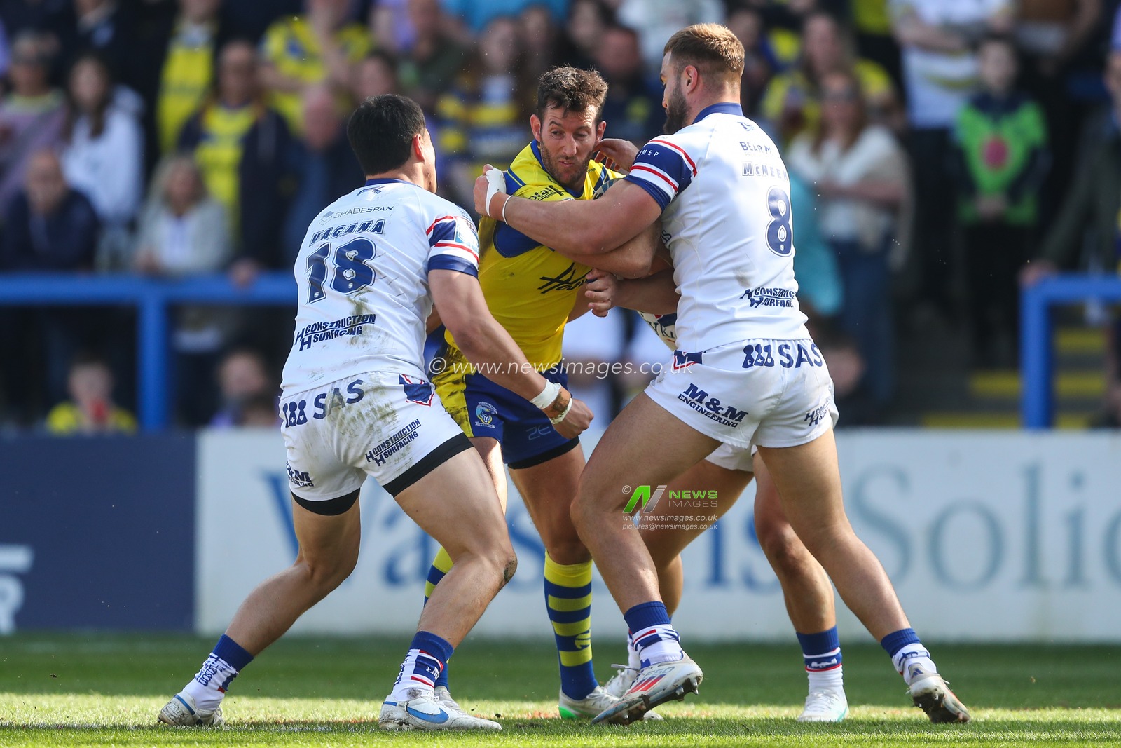Stefan Ratchford of Warrington Wolves is tackled during the Betfred Super League Round 4 match Warrington Wolves vs Wakefield Trinity at Halliwell Jones Stadium, Warrington, United Kingdom, 9th March 2025

(Photo by Gareth Evans/News Images)