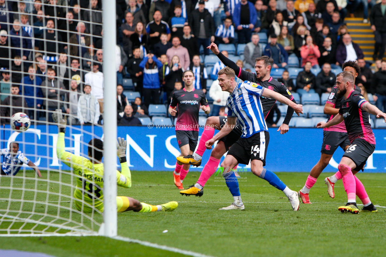 Michael Smith #24 of Sheffield Wednesday attempts a shot on goal during the Sky Bet League 1 match Sheffield Wednesday vs Exeter City at Hillsborough, Sheffield, United Kingdom, 22nd April 2023

(Photo by Ben Early/News Images)
