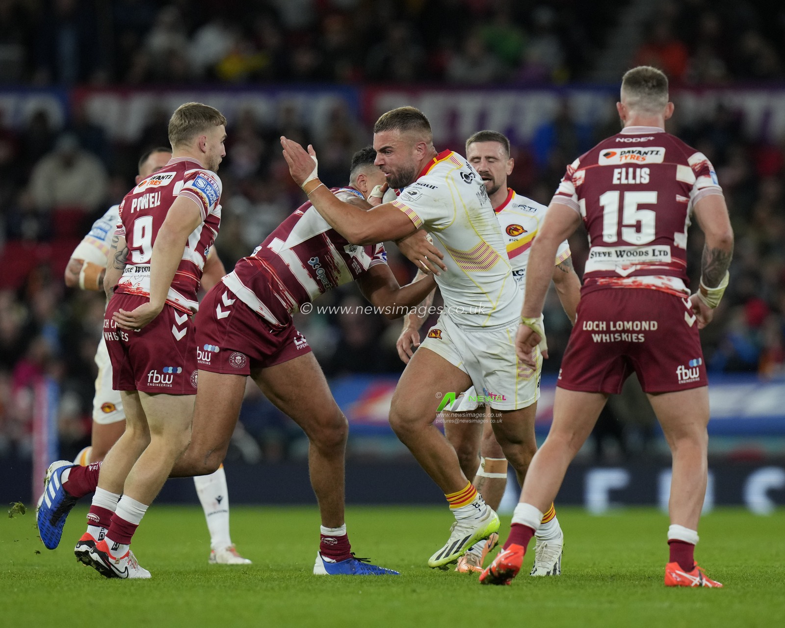 Mike McMeeken #8 of Catalans Dragons runs at Kai Pearce-Paul #17 of Wigan Warriors during the Betfred Super League Grand Final match Wigan Warriors vs Catalans Dragons at Old Trafford, Manchester, United Kingdom, 14th October 2023

(Photo by Steve Flynn/News Images)