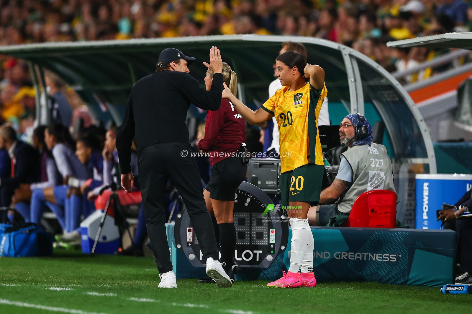 Sam Kerr #20 of Australia prepares to come on as a substitute during the FIFA Women's World Cup 2023 Quarter-Final match Australia Women vs France Women at Suncorp Stadium, Brisbane, Australia, 12th August 2023

(Photo by Patrick Hoelscher/News Images)