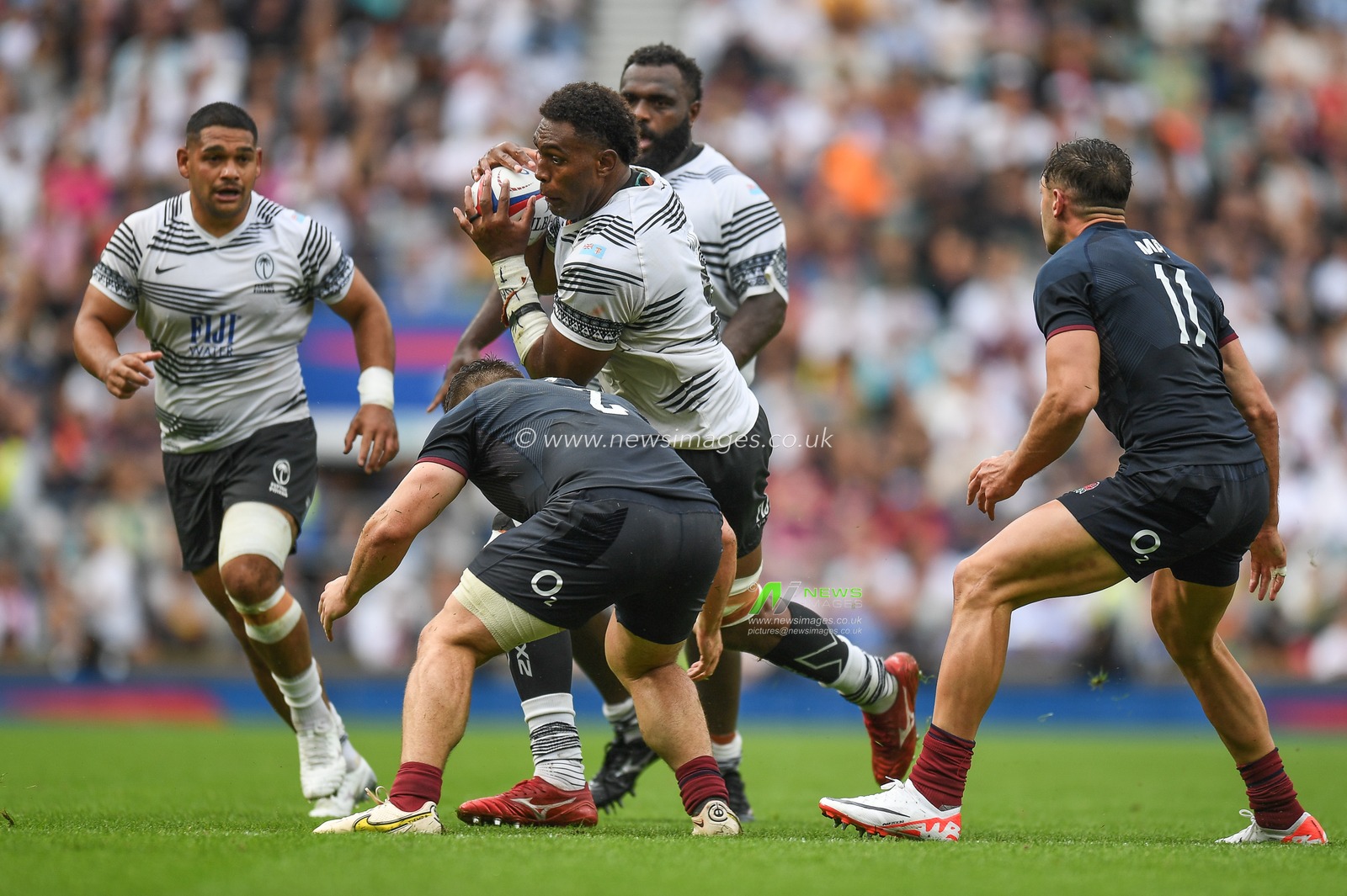 Viliame Mata of Fiji takes on Theo Dan of England during the 2023 Summer Series match England vs Fiji at Twickenham Stadium, Twickenham, United Kingdom, 26th August 2023

(Photo by Mike Jones/News Images)