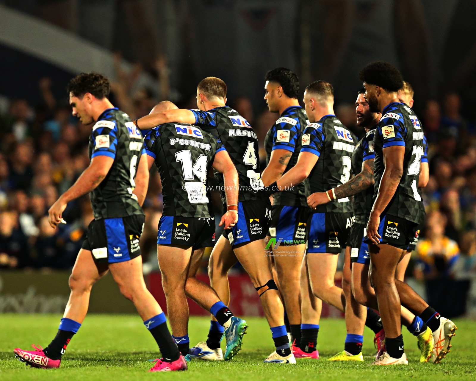 Jarrod O'Connor of Leeds Rhinos celebrates scoring a try during the Betfred Super League round 20 match Wakefield Trinity vs Leeds Rhinos at DIY Kitchens Stadium, Wakefield, United Kingdom, 24th July 2025(Photo by Sam Eaden/News Images)