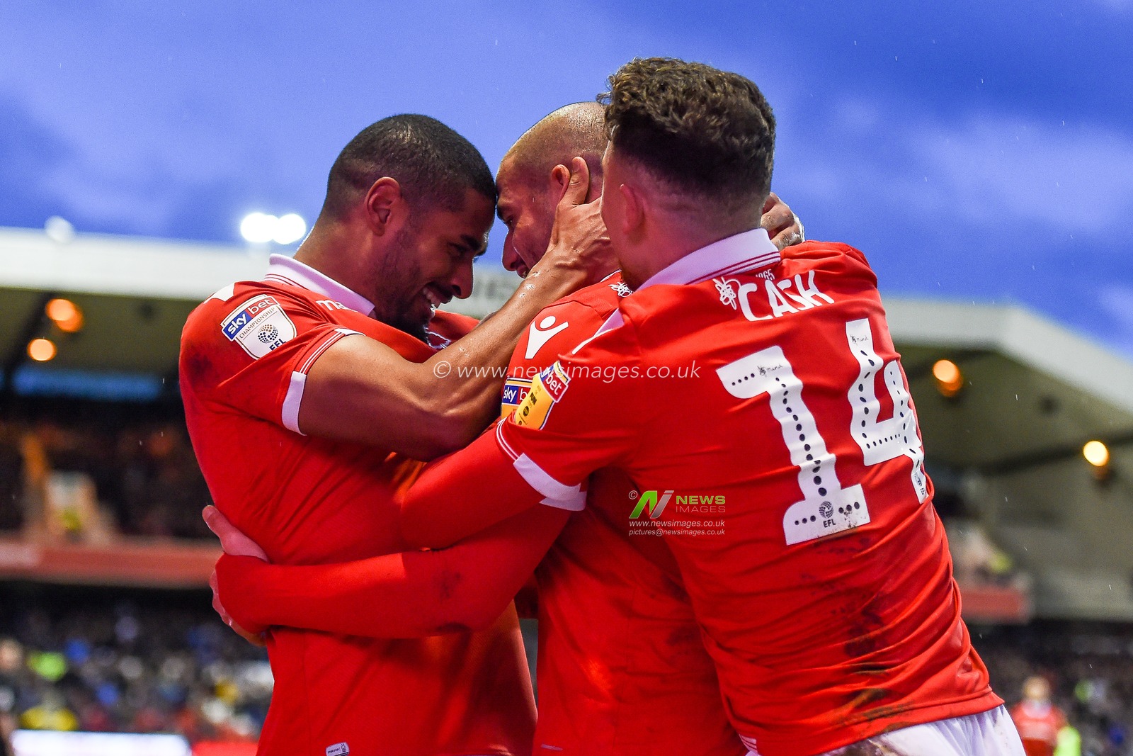 26th January 2019, City Ground, Nottingham, England ; Sky Bet Championship, Nottingham Forest v Wigan Athletic : Adlene Guedioura (5) of Nottingham Forest celebrates after scoring a goal to make it 3-1 with Saidy Janko (21) of Nottingham Forest and Matthew Cash (14) of Nottingham Forest 

Credit: Jon Hobley/News Images

English Football League images are subject to DataCo Licence