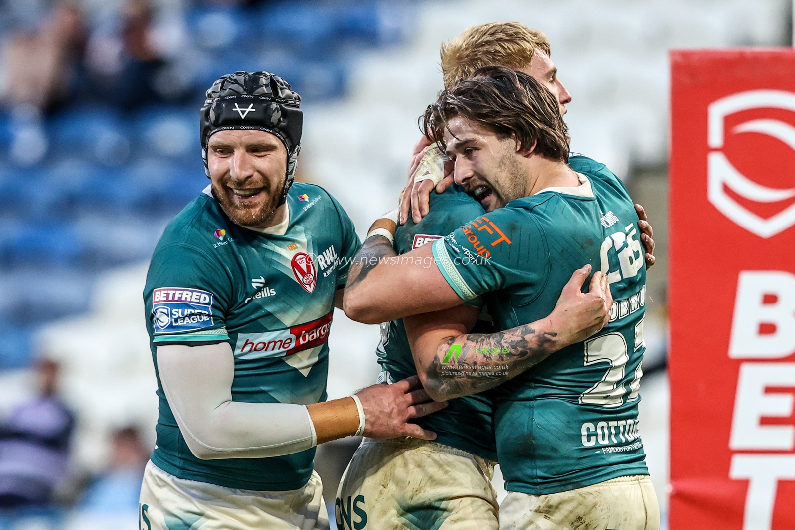 George Delaney of St Helens celebrates his try during the Betfred Super League round 11 match Huddersfield Giants vs St Helens at Accu Stadium, Huddersfield, United Kingdom on 14 May 2026

(Photo by Alfie Cosgrove/News Images)