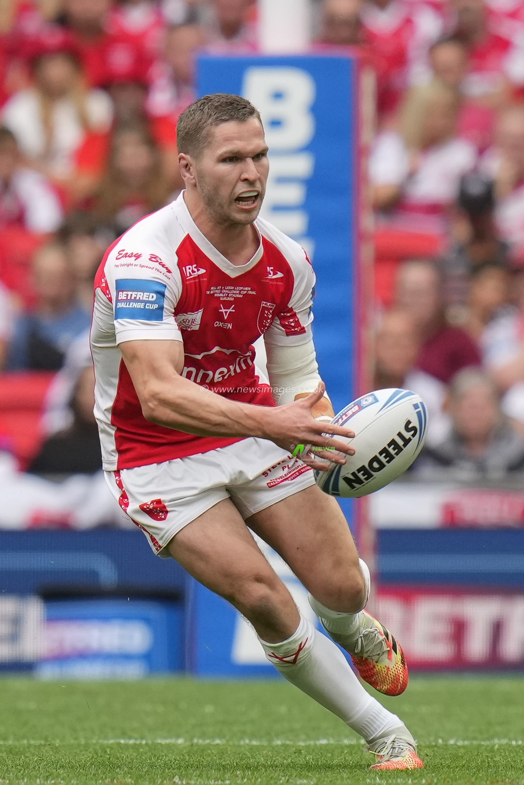 Matt Parcell #9 of Hull KR passes the ball during the Betfred Challenge Cup match Hull KR vs Leigh Leopards at Wembley Stadium, London, United Kingdom, 12th August 2023

(Photo by Steve Flynn/News Images)