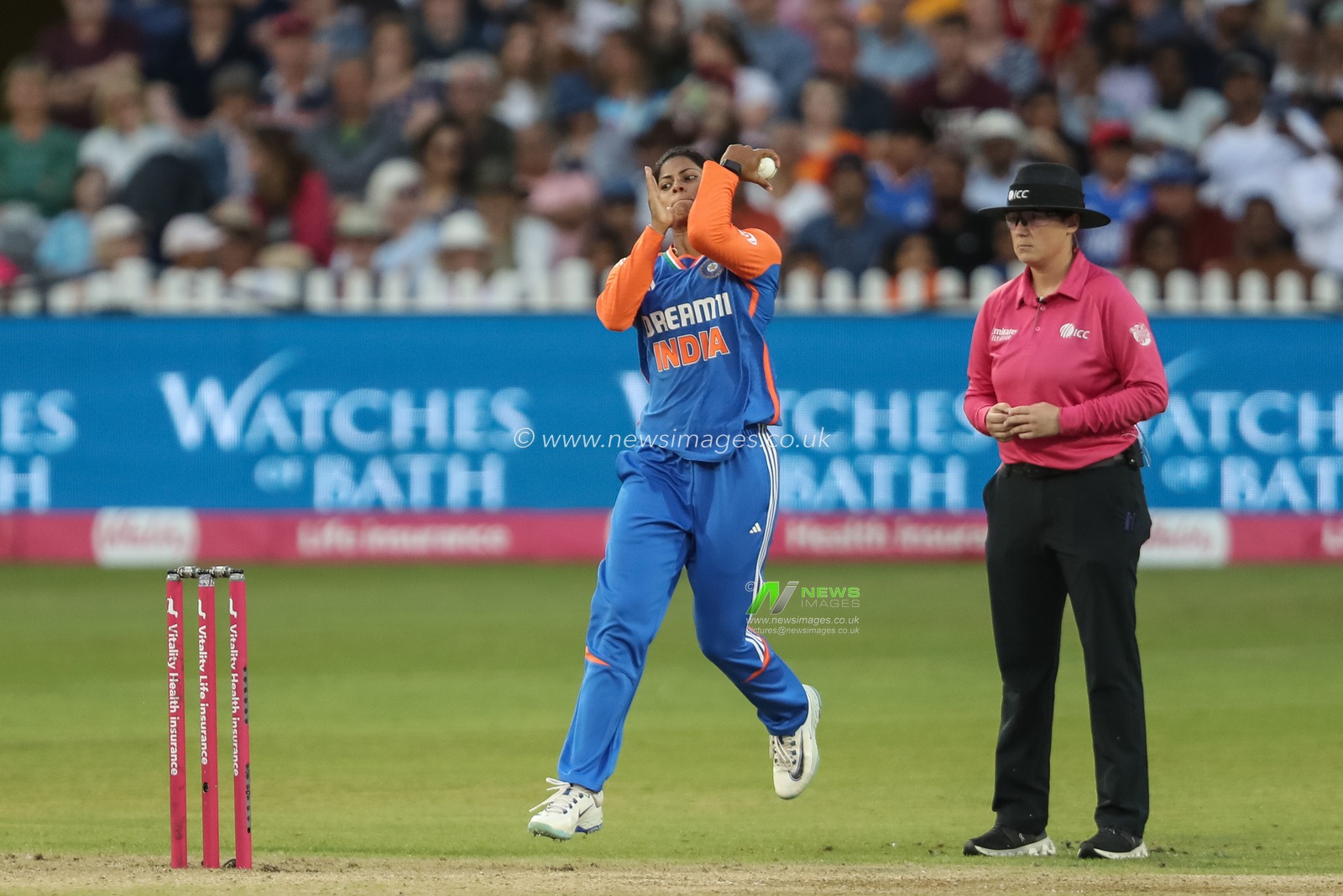 Radha Yadav of India delivers the ball during the 2nd Vitality IT20 England Women vs India Women at Seat Unique Stadium, Bristol, United Kingdom, 1st July 2025

(Photo by Izzy Poles/News Images)