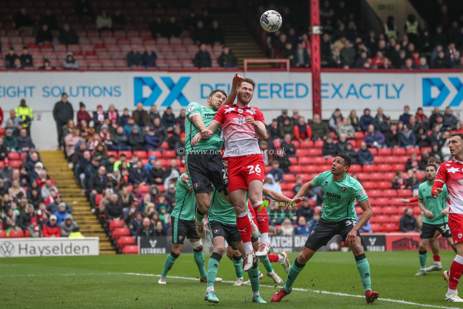 Jamie McCart of Barnsley misses a header from a corner during the Sky Bet League 1 match Barnsley vs Cheltenham Town at Oakwell, Barnsley, United Kingdom, 16th March 2024

(Photo by Alfie Cosgrove/News Images)