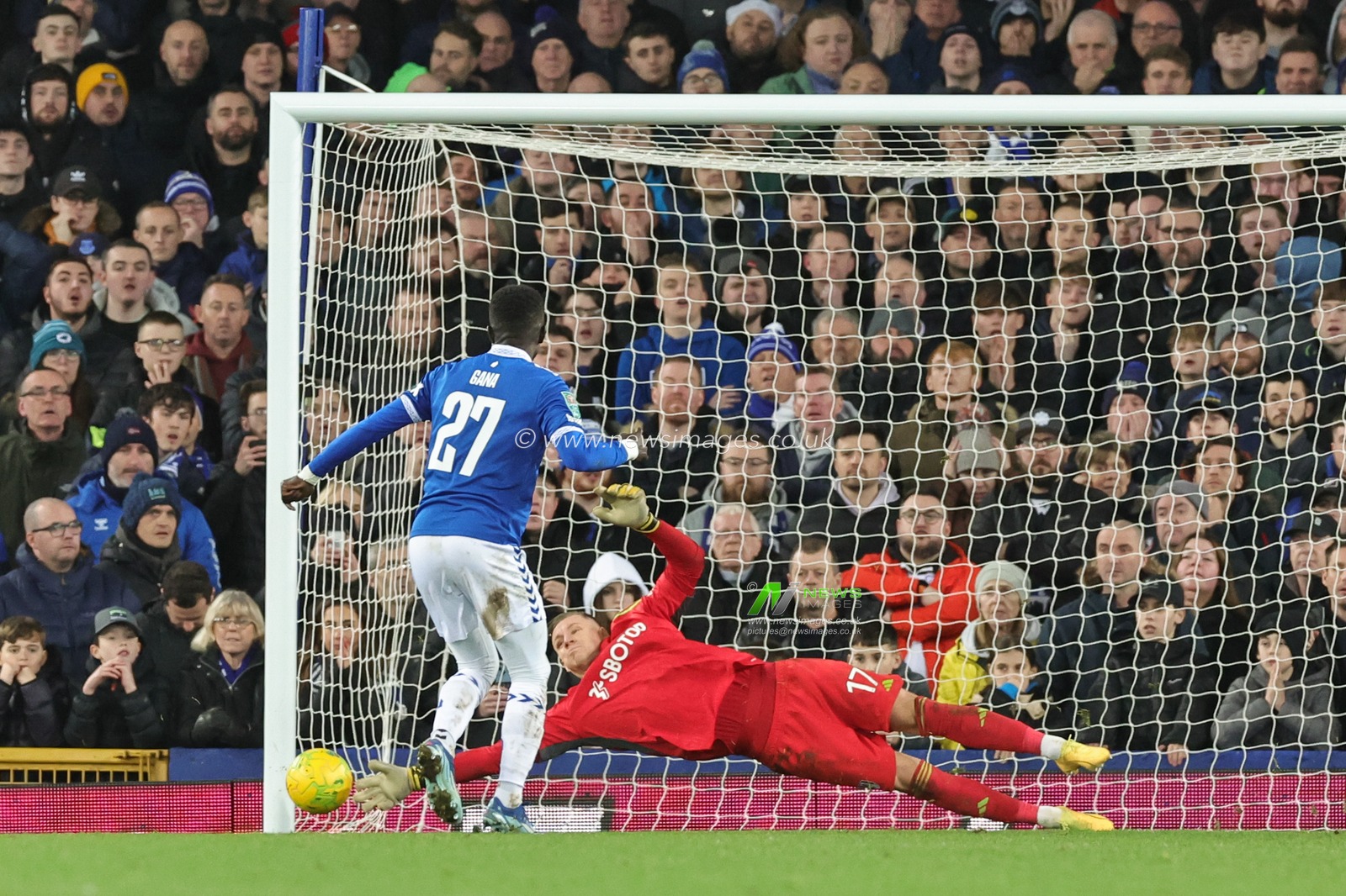 Idrissa Gueye of Everton sees his penalty saved by Bernd Leno of Fulham during the Carabao Cup Quarter Final match Everton vs Fulham at Goodison Park, Liverpool, United Kingdom, 19th December 2023

(Photo by Mark Cosgrove/News Images)