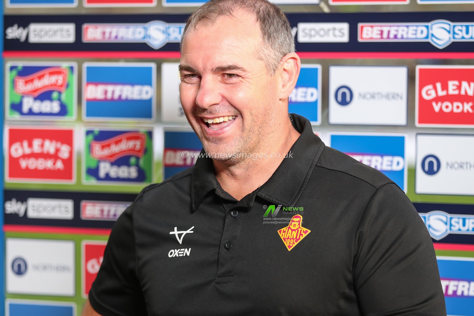 Ian Watson Head Coach of Huddersfield Giants being interviewed by Jenna Brooks for Sky Sports TV