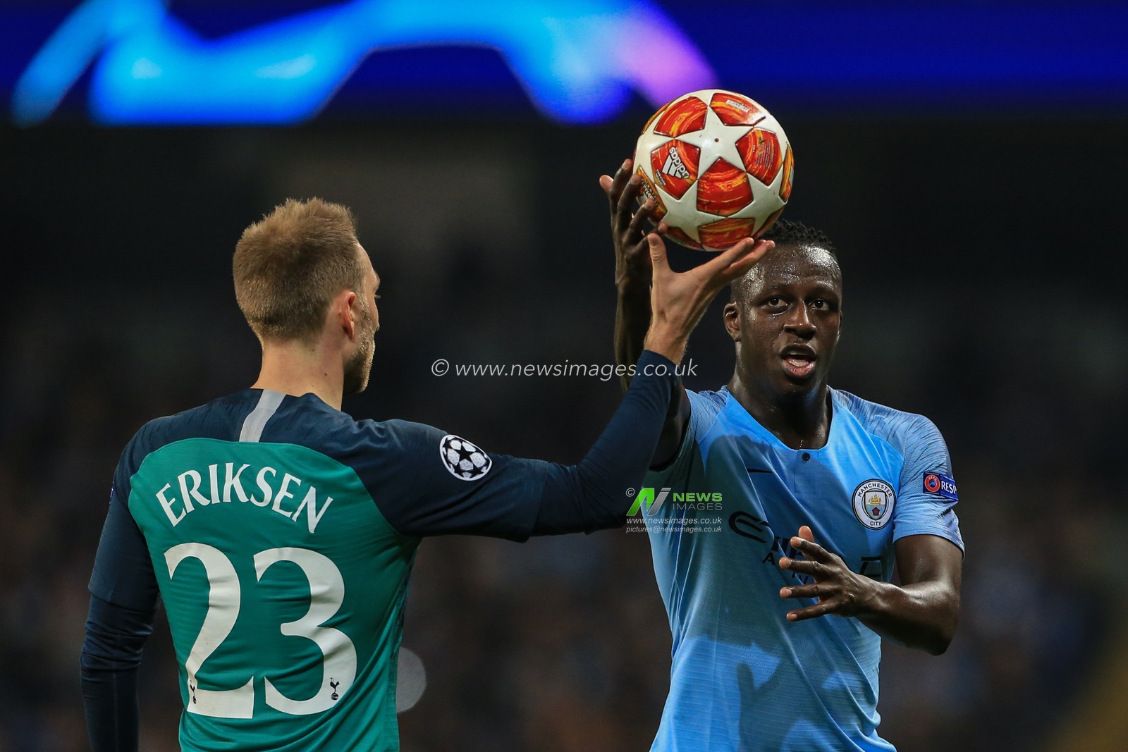 17th April 2019 , Etihad Stadium, Manchester, England; UEFA Champions League, Quarter Final, Second Leg, Manchester City v Tottenham ; Christian Eriksen (23) of Tottenham passes the ball to Benjamin Mendy (22) of Manchester City 


Credit: Mark Cosgrove/News Images