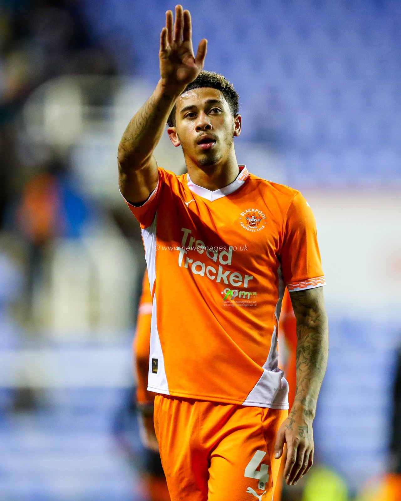 Jordan Lawrence-Gabriel of Blackpool acknowledges the fans after the teams victory following the Sky Bet League 1 match Reading vs Blackpool at Select Car Leasing Stadium, Reading, United Kingdom, 14th December 2024

(Photo by Izzy Poles/News Images)
