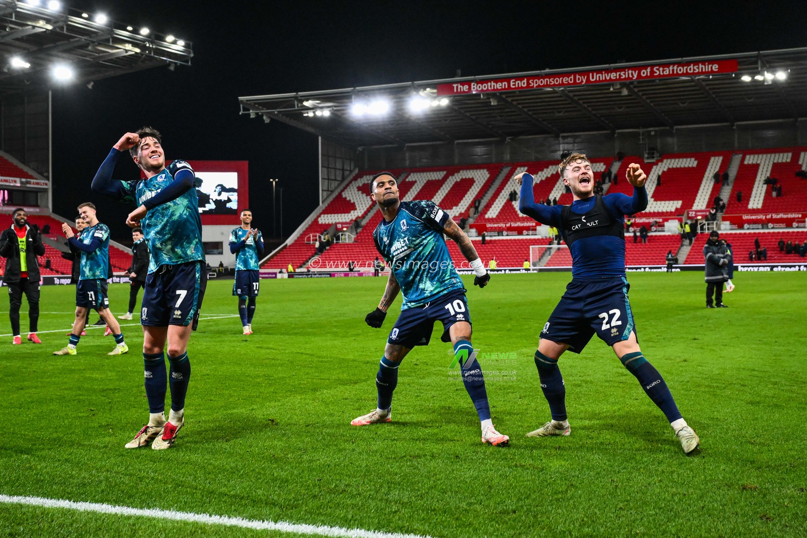 Hayden Hackney, Delano Burgzorg and Tommy Conway of Middlesbrough celebrates at the end of the Sky Bet Championship match Stoke City vs Middlesbrough at Bet365 Stadium, Stoke-on-Trent, United Kingdom, 25th February 2025

(Photo by Craig Thomas/News Images)