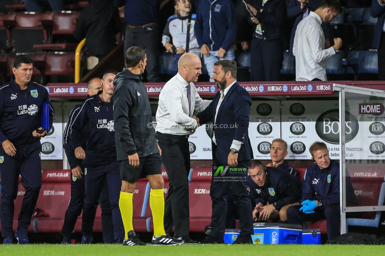 2nd August 2018, Turf Moor, Burnley, England; UAFA Europa League Qualifying Second Round Burnley v Aberdeen; Derek McInnes manager of Aberdeen congratulates Sean Dyche manager of Burnley on his 3-1 victory