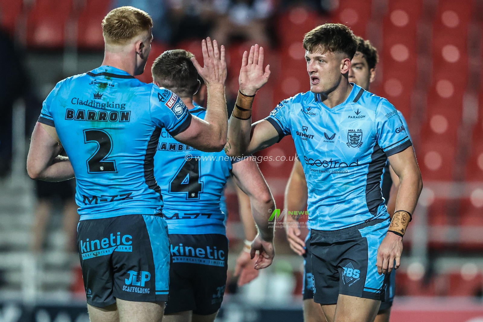 Davy Litten of Hull FC celebrates his try during the Betfred Super League round 23 match St Helens vs Hull FC at Totally Wicked Stadium, St Helens, United Kingdom, 22nd August 2025

(Photo by Alfie Cosgrove/News Images)