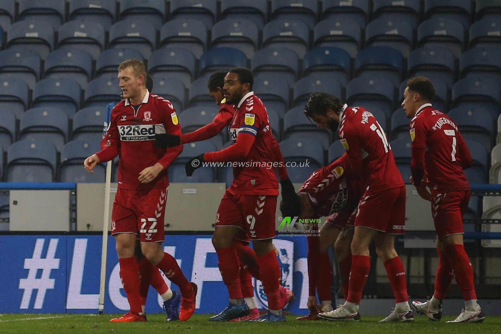 Marvin Johnson #3 of Middlesbrough celebrates his goal with teammates to make it 0-1