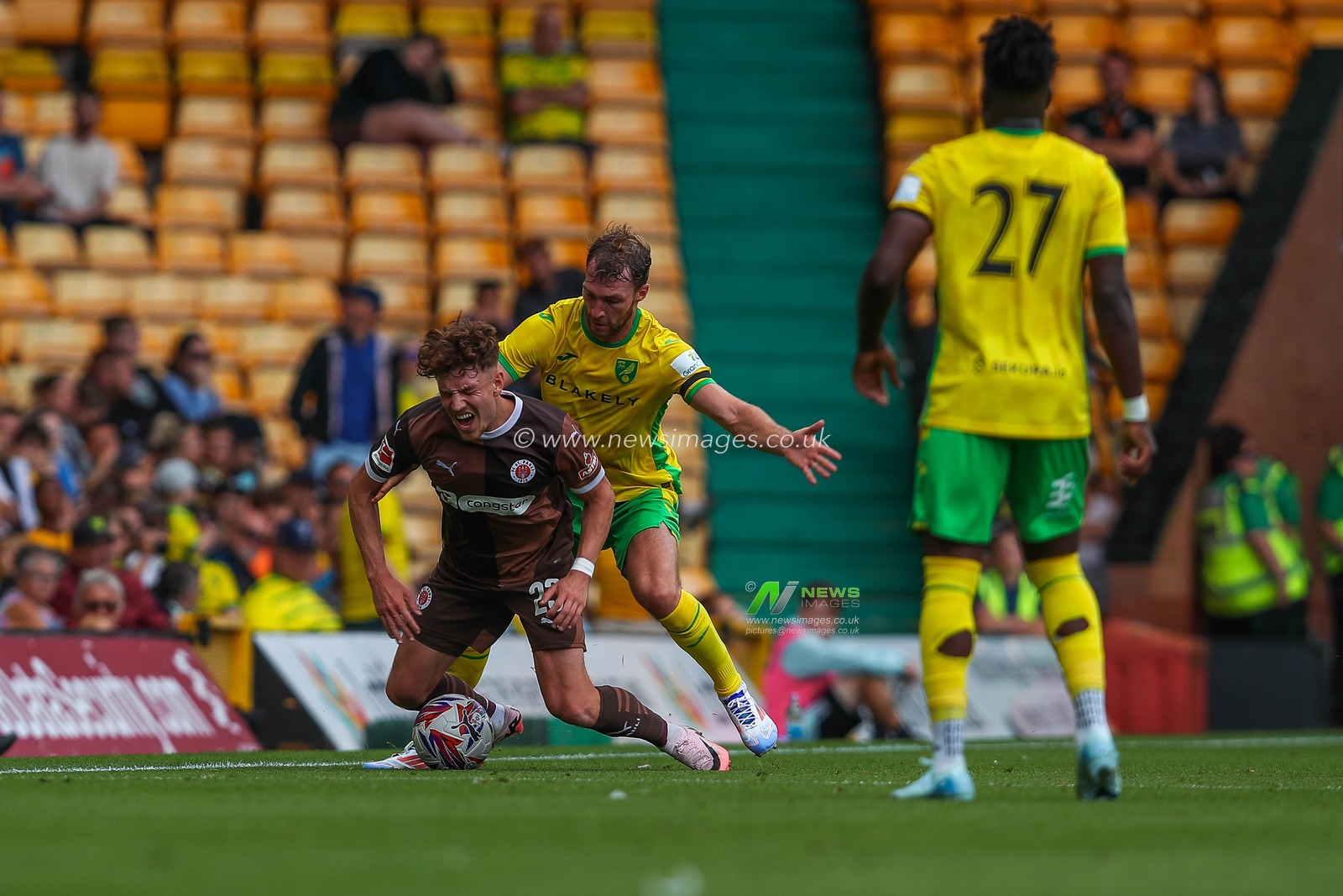 Philipp Treu of St Pauli is fouled by Jack Stacey of Norwich City during the Pre-season friendly match Norwich City vs St. Pauli at Carrow Road, Norwich, United Kingdom, 3rd August 2024

(Photo by Izzy Poles/News Images)