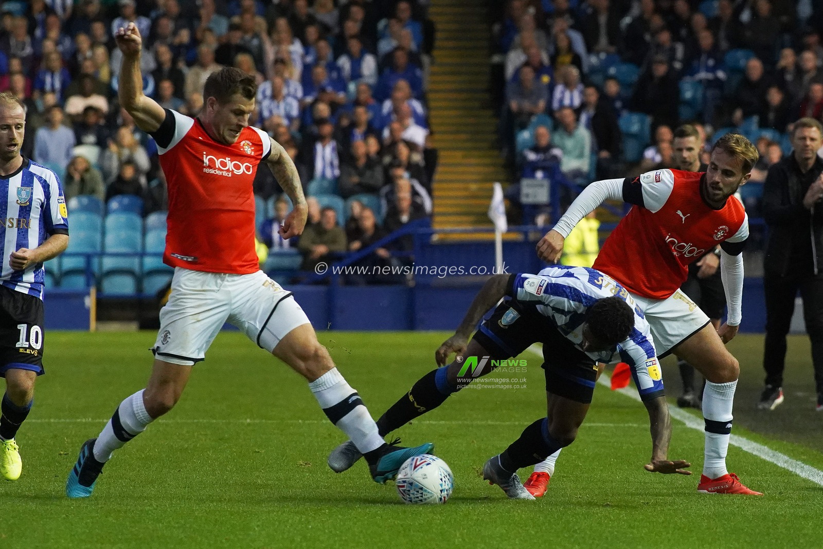 20th August 2019 , Hillsborough, Sheffield, England; Sky Bet Championship, Sheffield Wednesday vs Luton Town : Andrew Shinnie of Luton Town and Kadeem Harris (7) of Sheffield Wednesday tussle for the ball

Credit: Kurt Fairhurst/News Images,

English Football League images are subject to DataCo Licence