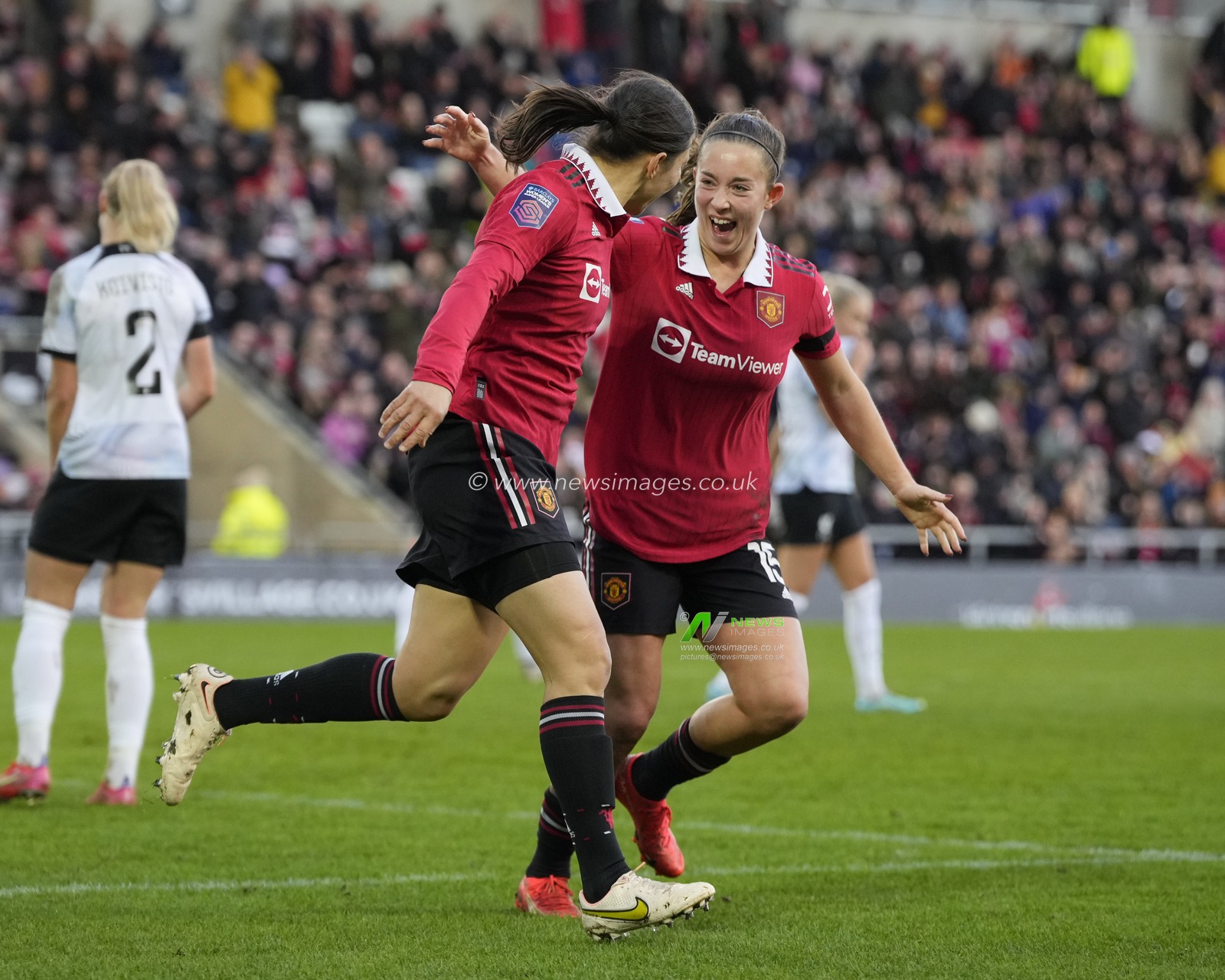 Maya Le Tissier #15 of Manchester United celebrates with goalscorer Rachel Williams during the The Fa Women's Super League match Manchester United Women vs Liverpool Women at Leigh Sports Village, Leigh, United Kingdom, 15th January 2023

(Photo by Steve Flynn/News Images)