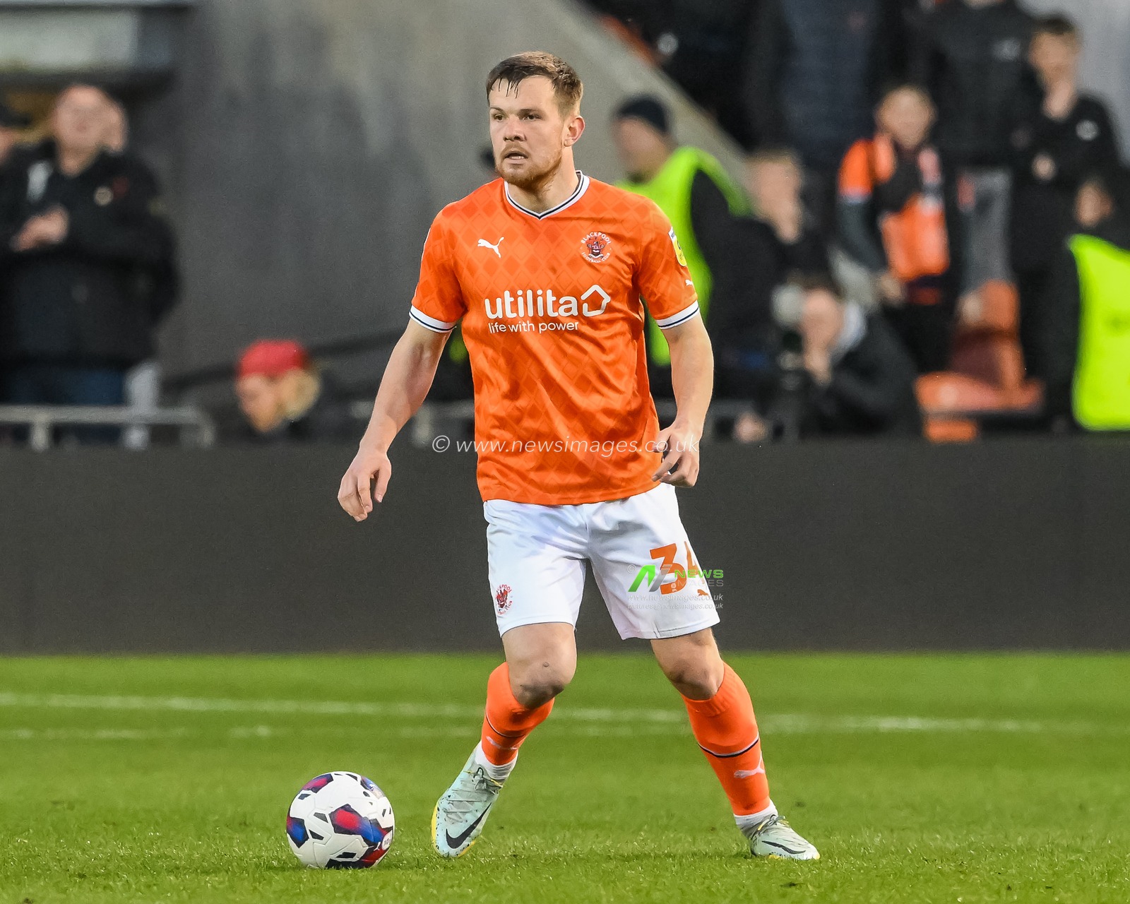 Jordan Thorniley #34 of Blackpool in action during the game during the Sky Bet Championship match Blackpool vs West Bromwich Albion at Bloomfield Road, Blackpool, United Kingdom, 18th April 2023

(Photo by Craig Thomas/News Images)