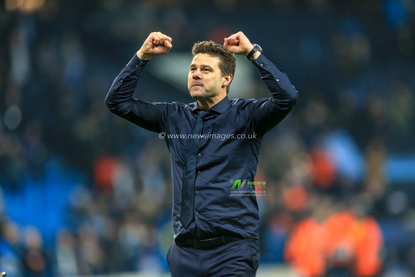 17th April 2019 , Etihad Stadium, Manchester, England; UEFA Champions League, Quarter Final, Second Leg, Manchester City v Tottenham ; Mauricio Pochettino manager of Tottenham celebrate with the fans as Tottenham go through to the semi-final 


Credit: Mark Cosgrove/News Images