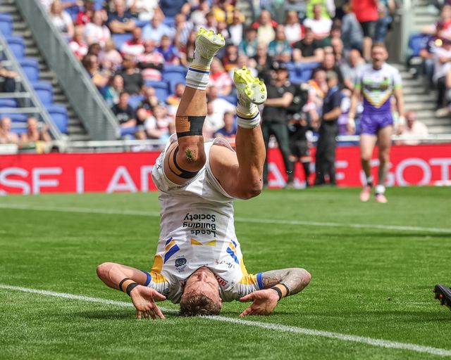 Chris Hankinson of Leeds Rhinos celebrates his try by doing a roly-poly during the Betfred Super League Magic Weekend match Leeds Rhinos vs Bradford Bulls at Hill Dickinson Stadium, Liverpool, United Kingdom on 05 July 2026

(Photo by Mark Cosgrove/News Images)
