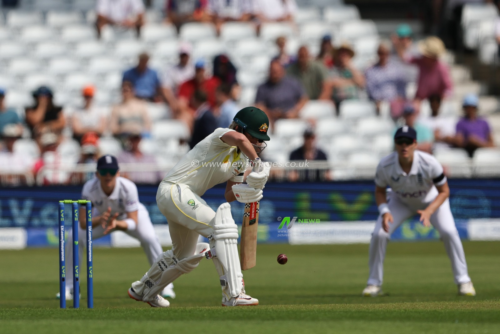 Beth Mooney of Australia hits the ball for one run off the first ball of the game during the Metro Bank Women's Ashes 2023 match England vs Australia at Trent Bridge, Nottingham, United Kingdom, 22nd June 2023

(Photo by Mark Cosgrove/News Images)