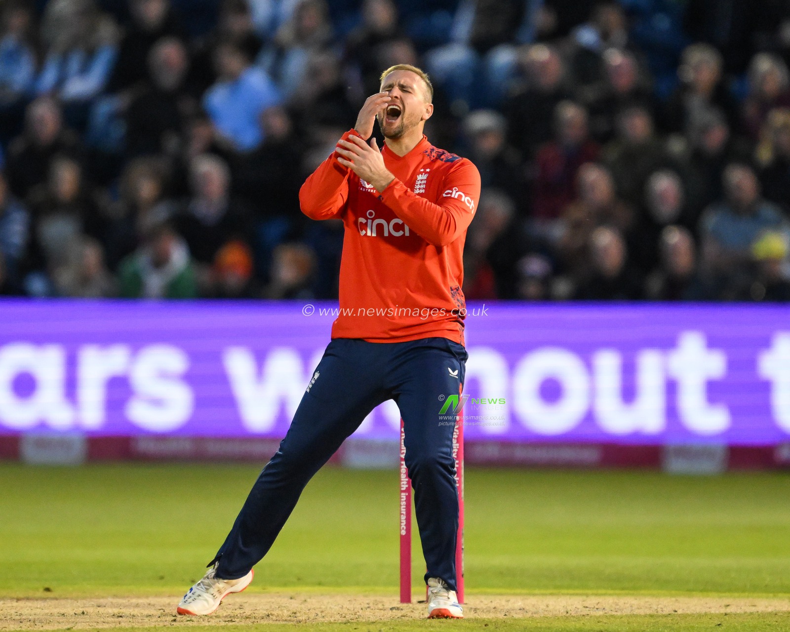 Liam Livingston of England reacts during the Second Vitality IT20 Series England v Australia at Sophia Gardens Cricket Ground, Cardiff, United Kingdom, 13th September 2024

(Photo by Craig Thomas/News Images)