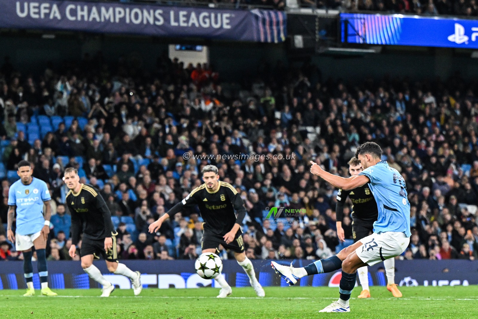 Matheus Nunes of Manchester City scores a penalty to make it 5-0 during the UEFA Champions League, League Stage Manchester City v Sparta Prague at Etihad Stadium, Manchester, United Kingdom, 23rd October 2024

(Photo by Cody Froggatt/News Images)