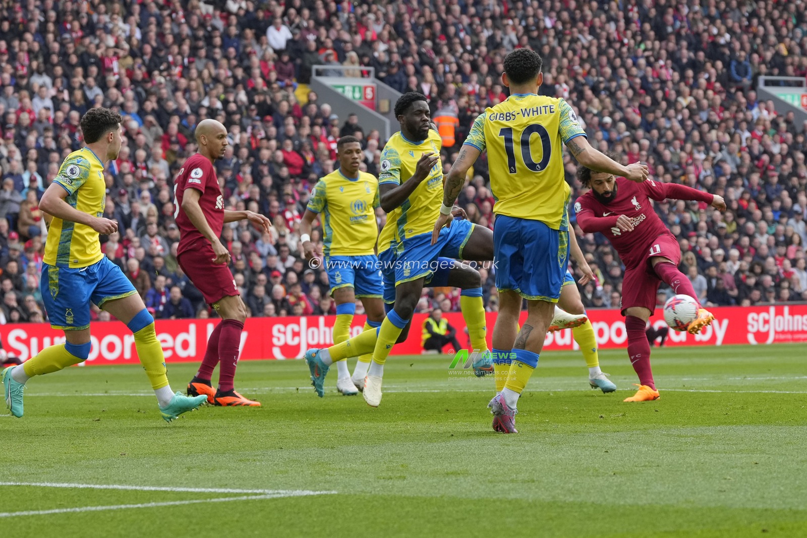 Mohamed Salah #11 of Liverpool shops on goal during the Premier League match Liverpool vs Nottingham Forest at Anfield, Liverpool, United Kingdom, 22nd April 2023

(Photo by Steve Flynn/News Images)