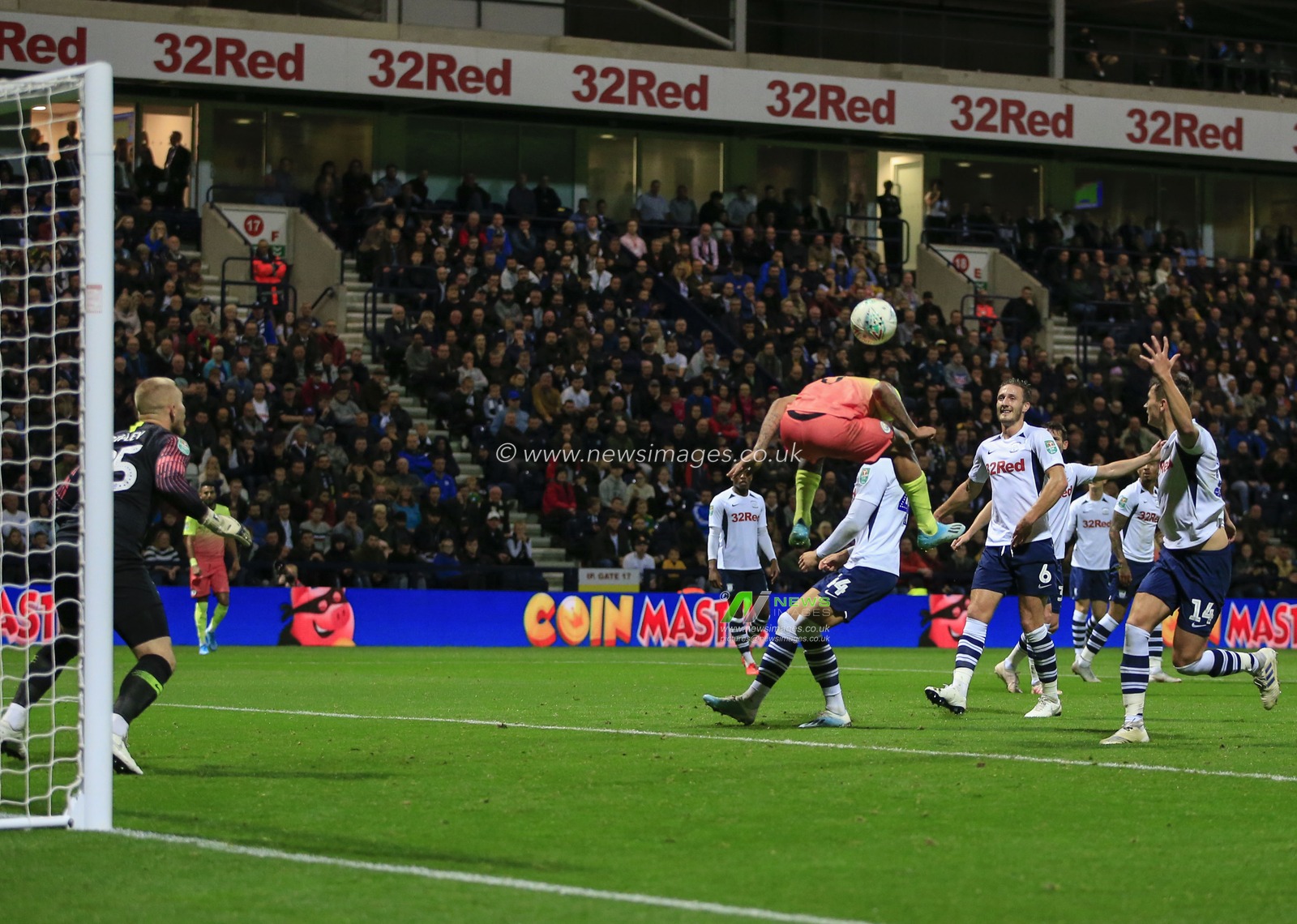 24th September 2019 , Deepdale, Preston, England; EFL Carabao Cup Football, Third Round Preston North End vs Manchester City ;  Gabriel Jesus (09) of Manchester City tries to head the ball backwards towards the Preston goal
Credit: Conor Molloy/News Images

English Football League images are subject to DataCo Licence