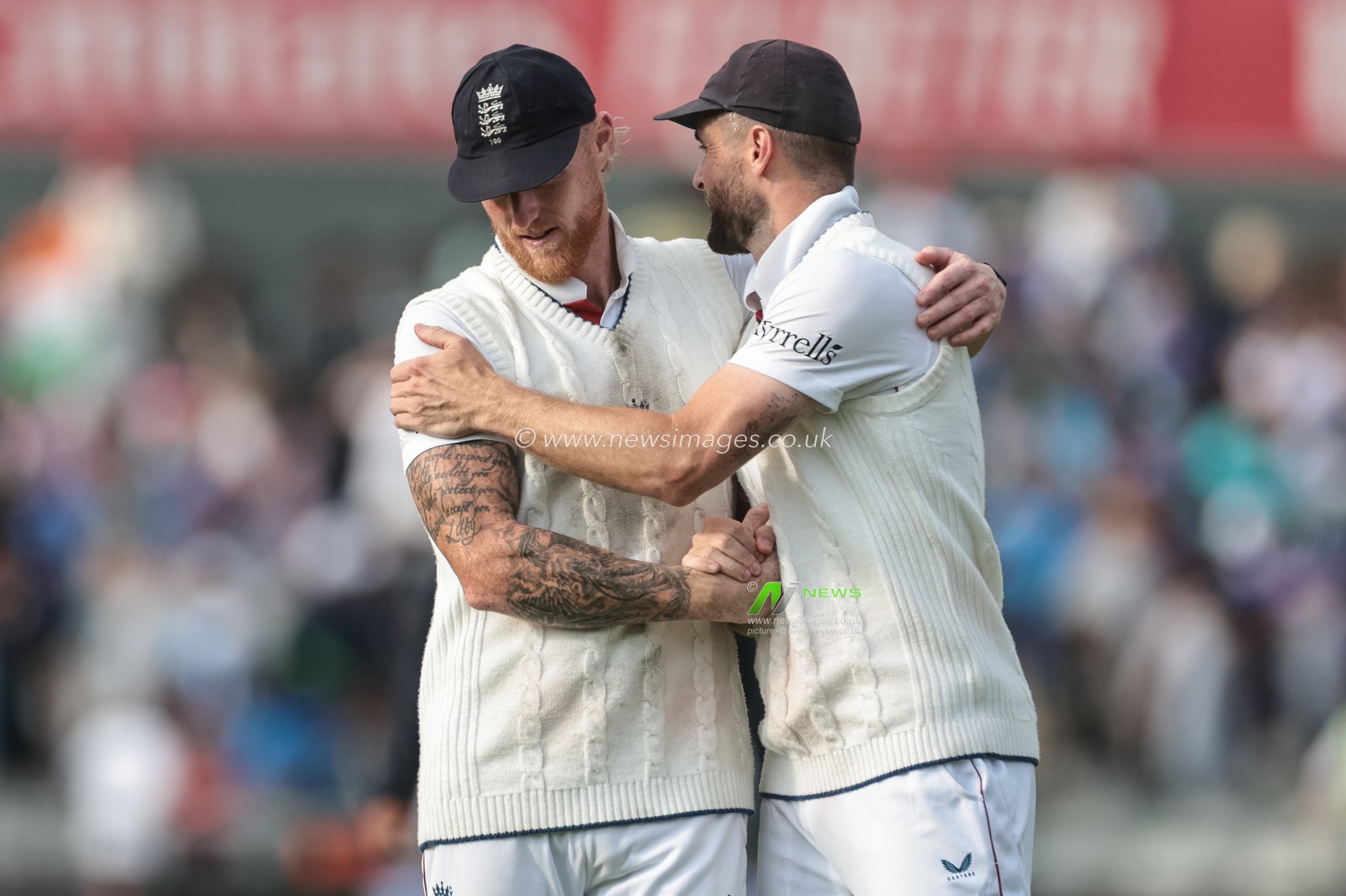 England captain Ben Stokes embraces Chris Woakes of England at stumps during the 4th Rothesay Test Match match Day 4 England vs India at Old Trafford Cricket Ground, Manchester, United Kingdom, 26th July 2025

(Photo by Mark Cosgrove/News Images)