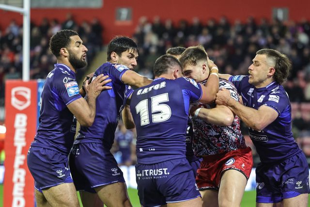 An altercation between Ryan Brown of Leigh Leopards and Joe Cator of Toulouse Olympique during the Betfred Super League round 6 match Leigh Leopards vs Toulouse at Leigh Sports Village, Leigh, United Kingdom on 28 March 2026

(Photo by Mark Cosgrove/News Images)