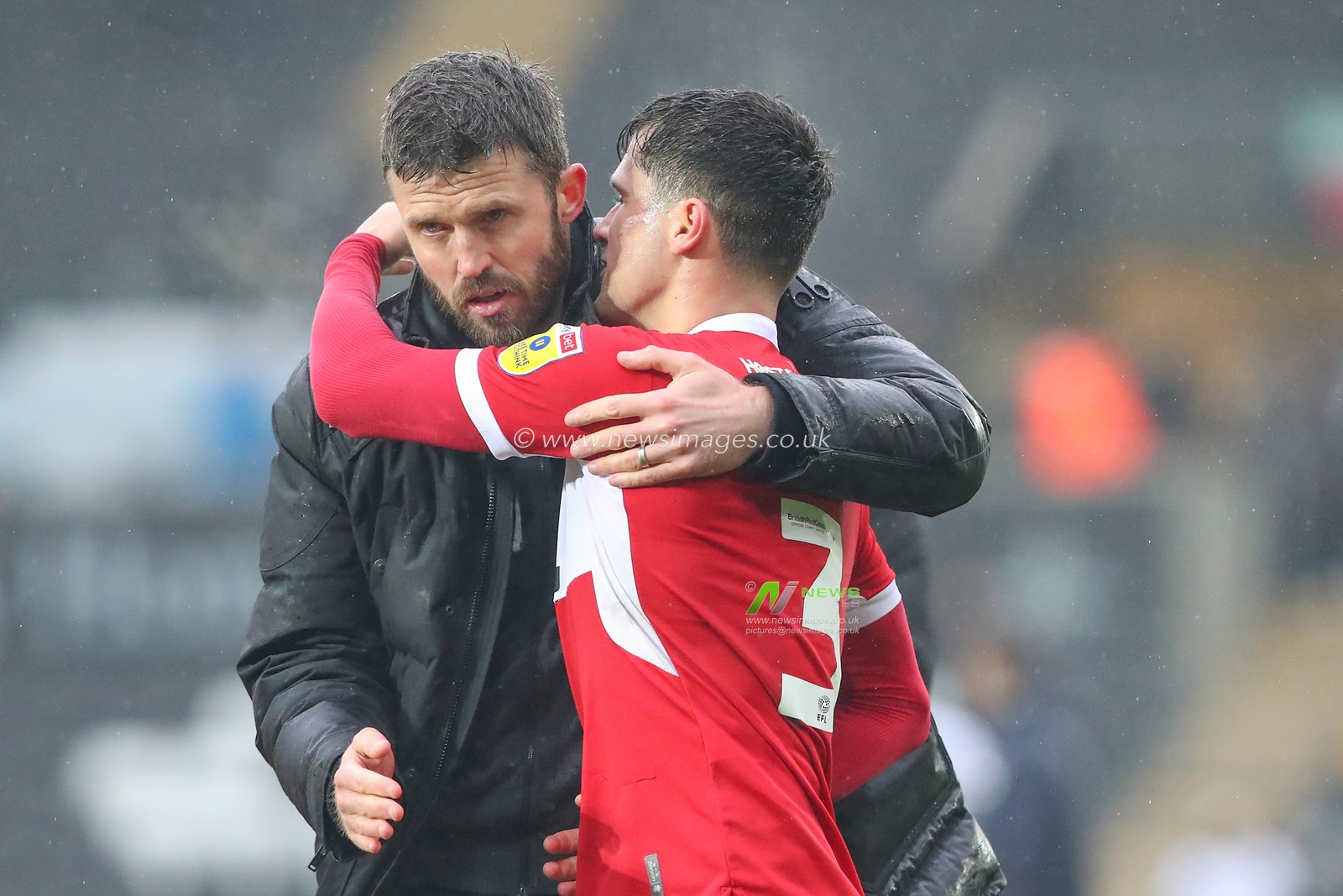 Michael Carrick Manager of Middlesbrough and Ryan Giles #3 of Middlesbrough celebrate their teams win after the Sky Bet Championship match Swansea City vs Middlesbrough at Swansea.com Stadium, Swansea, United Kingdom, 11th March 2023

(Photo by Gareth Evans/News Images)
