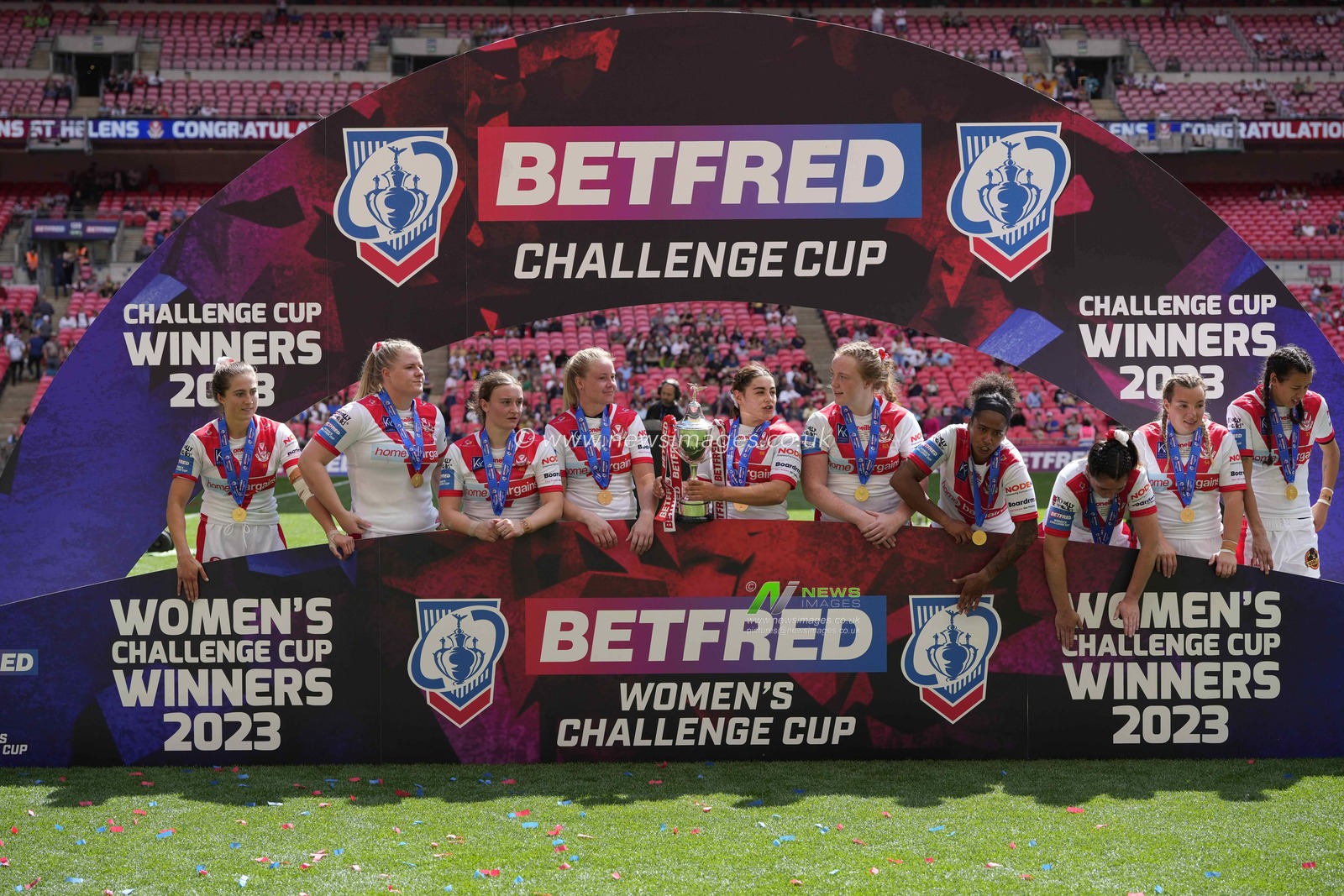 St. Helens Women display the BetFred Women's Challenge Cup trophy during the Betfred Womens Challenge Cup Final match Leeds Rhinos vs St Helens at Wembley Stadium, London, United Kingdom, 12th August 2023

(Photo by Steve Flynn/News Images)