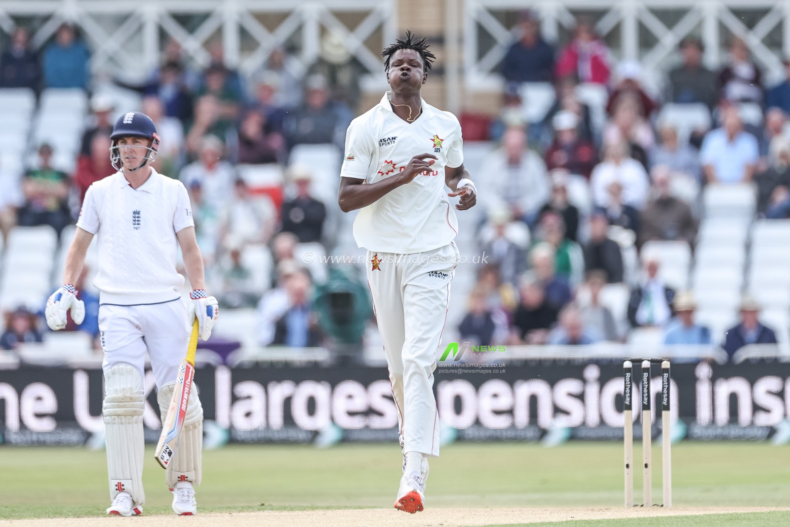 Blessing Muzarabani of Zimbabwe reacts after his delivery to Stokes during the Rothesay Test Match Day 2 England vs Zimbabwe at Trent Bridge, Nottingham, United Kingdom, 23rd May 2025

(Photo by Mark Cosgrove/News Images)