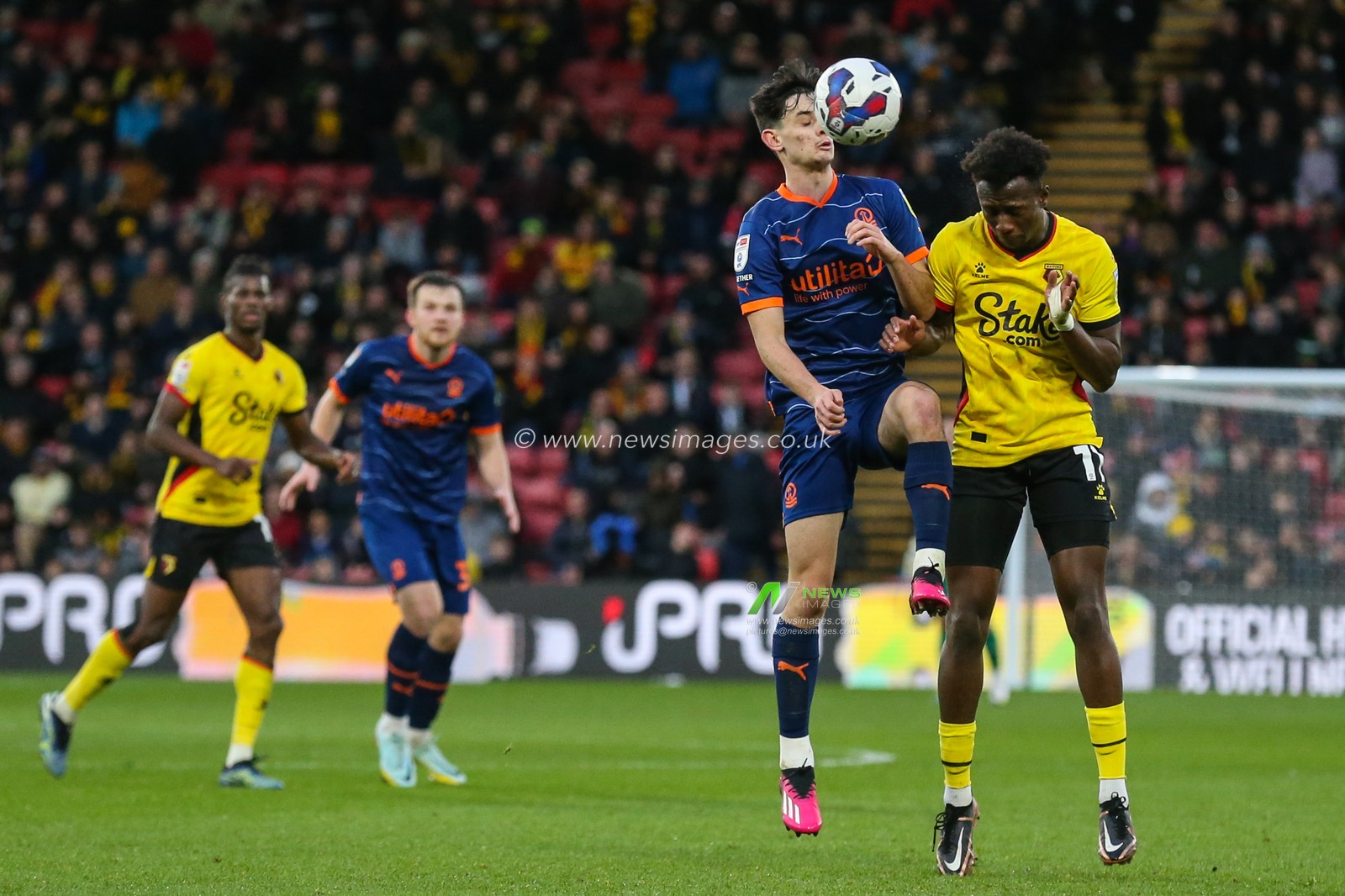 Charlie Patino #28 of Blackpool and Ismael Kone #11 of Watford challenge for a header during the Sky Bet Championship match Watford vs Blackpool at Vicarage Road, Watford, United Kingdom, 14th January 2023

(Photo by Arron Gent/News Images)