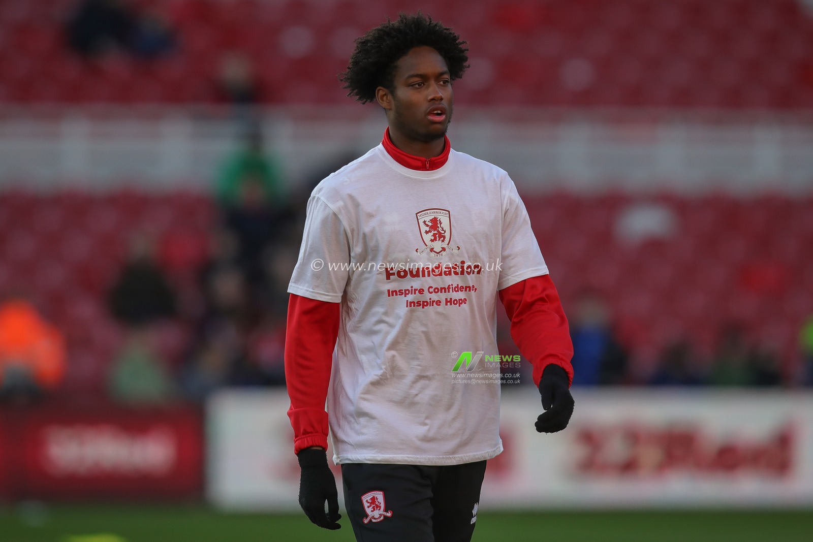 Pharrell Willis #44 of Middlesbrough during the pre match warm up ahead of the Sky Bet Championship match Middlesbrough vs Millwall at Riverside Stadium, Middlesbrough, United Kingdom, 14th January 2023

(Photo by James Heaton/News Images)