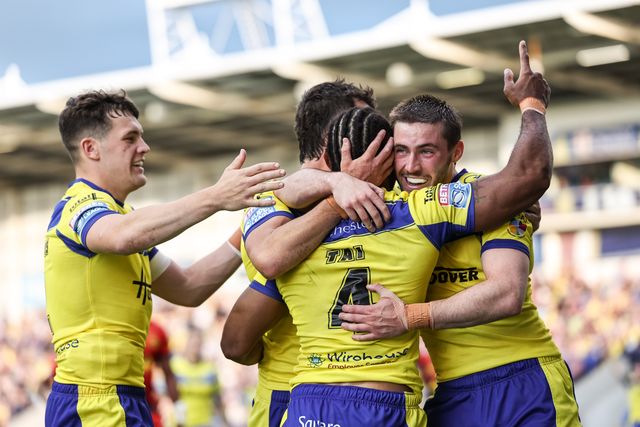Rodrick Tai of Warrington Wolves celebrates his try during the Betfred Super League Round 13 match Warrington Wolves vs Castleford Tigers at Halliwell Jones Stadium, Warrington, United Kingdom, 30th May 2025

(Photo by Mark Cosgrove/News Images)