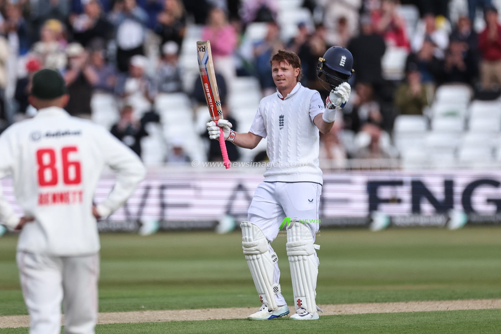 Ollie Pope of England celebrates a century (100 runs)during the Rothesay Test Match Day 1 England vs Zimbabwe at Trent Bridge, Nottingham, United Kingdom, 22nd May 2025

(Photo by Mark Cosgrove/News Images)