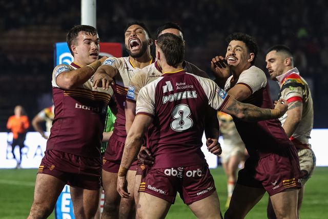 Tristan Powell of Huddersfield Giants celebrates his try with team mates during the Betfred Super League Round 5 match Bradford Bulls vs Huddersfield Giants at Odsal Stadium, Bradford, United Kingdom on 20 March 2026

(Photo by Mark Cosgrove/News Images)