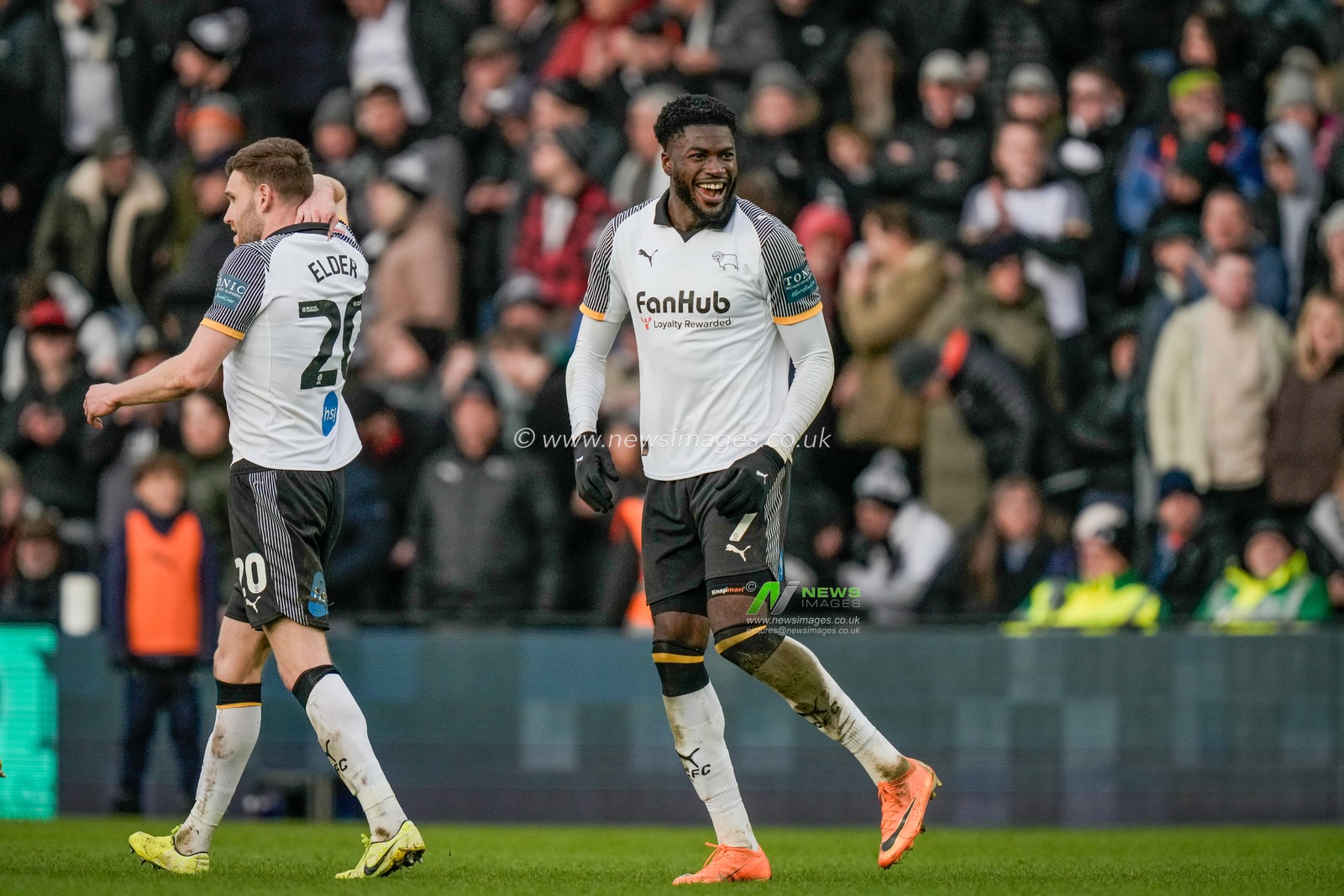 Patrick Agyemang of Derby County celebrates his goal to make it 2-0 during the Sky Bet Championship match Derby County vs Swansea City at Pride Park Stadium, Derby, United Kingdom on 14 February 2026

(Photo by Maynard Manyowa/News Images)