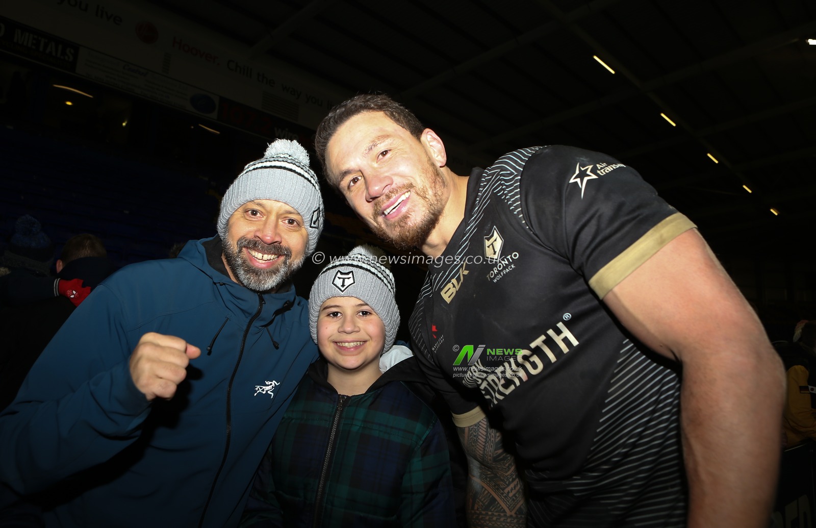 29th February 2020, Halliwell Jones Stadium, Warrington, England; Betfred Super League, Toronto Wolfpack v Saint Helens : Sonny Bill Williams of Toronto Wolfpack poses for pictures with Toronto Wolfpack fans posted game.